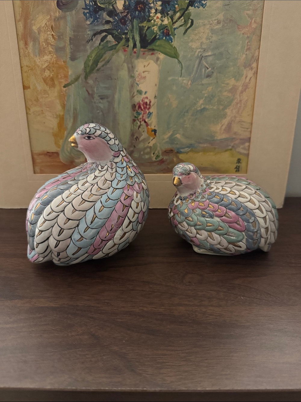 Vintage Unmarked Pastel Ceramic Quail Figurine Pair - Hand Painted